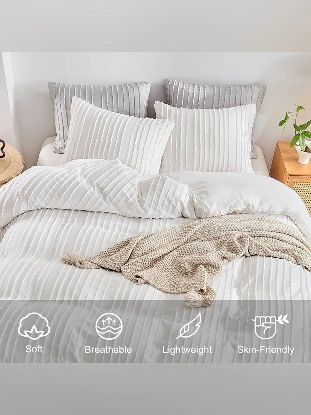 WARMDERN White Boho Duvet Cover Set Striped Textured Tufted Bedding Set, 3 Pcs
